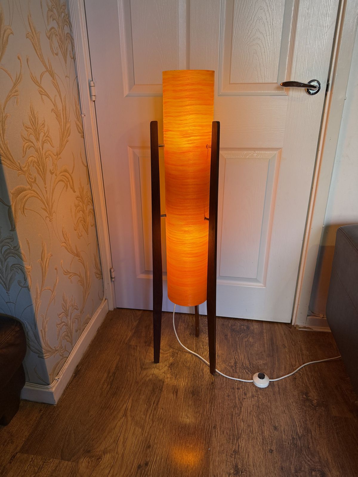 photo for sale Original Vtg 1960s Novoplast Spun Orange Fibreglass And Teak Rocket Floor Lamp
