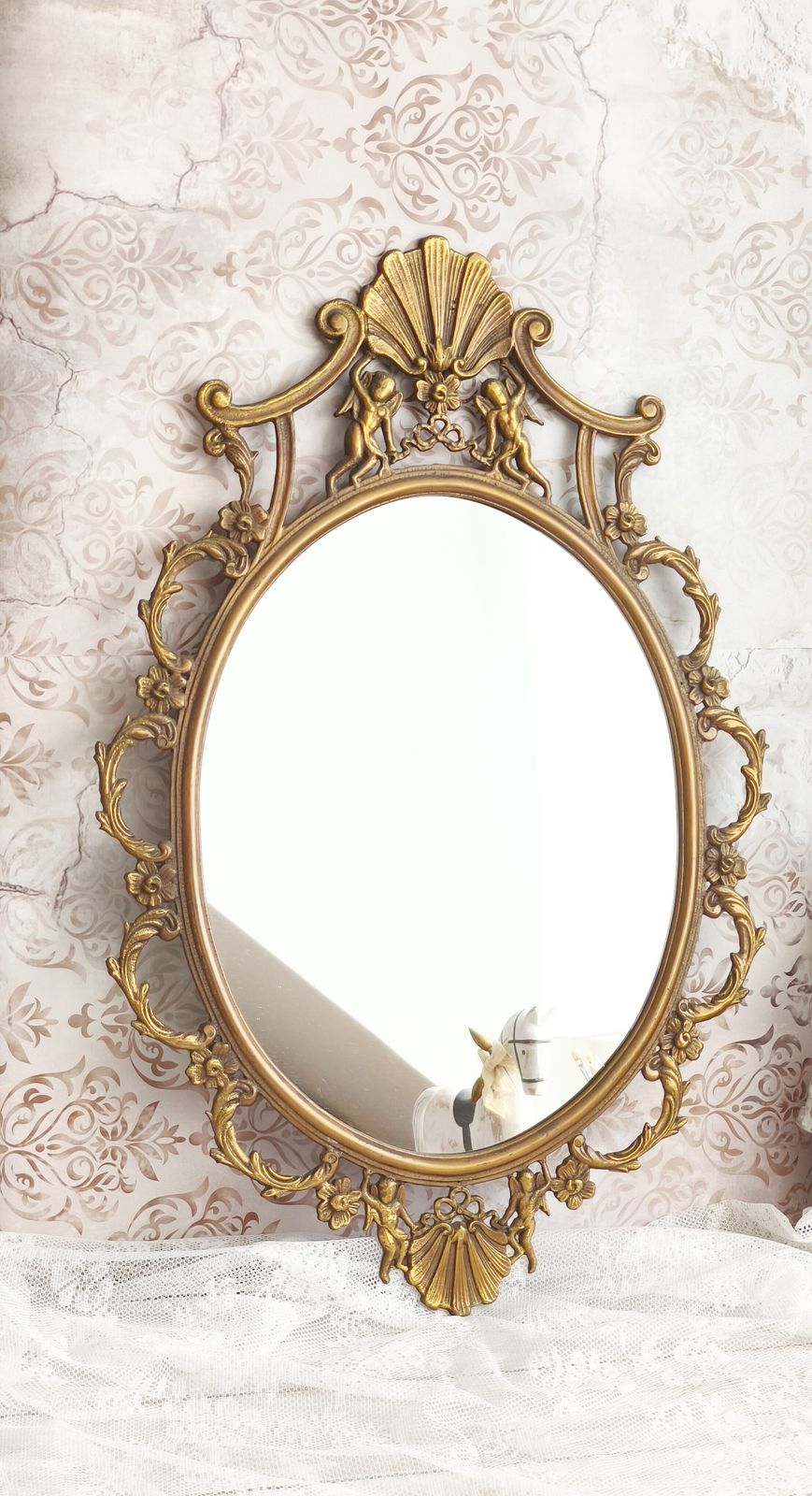 Large Antique Brass Wall Mirror With Cherubs, Oval Ornate Rocaille Design