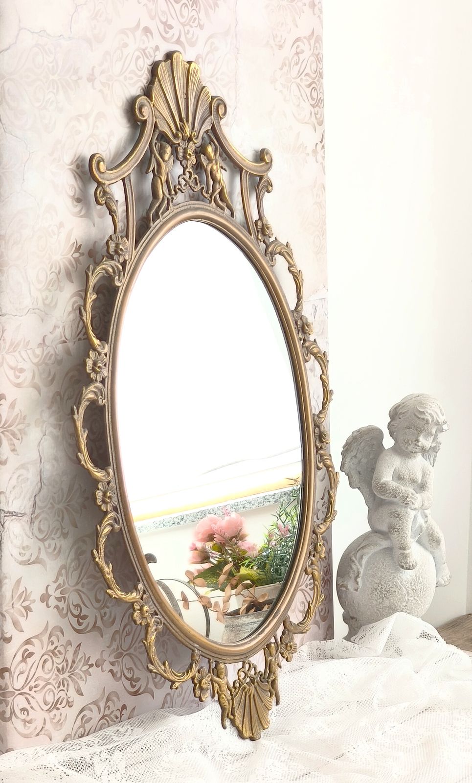 Large Antique Brass Wall Mirror With Cherubs, Oval Ornate Rocaille Design photo 850.0