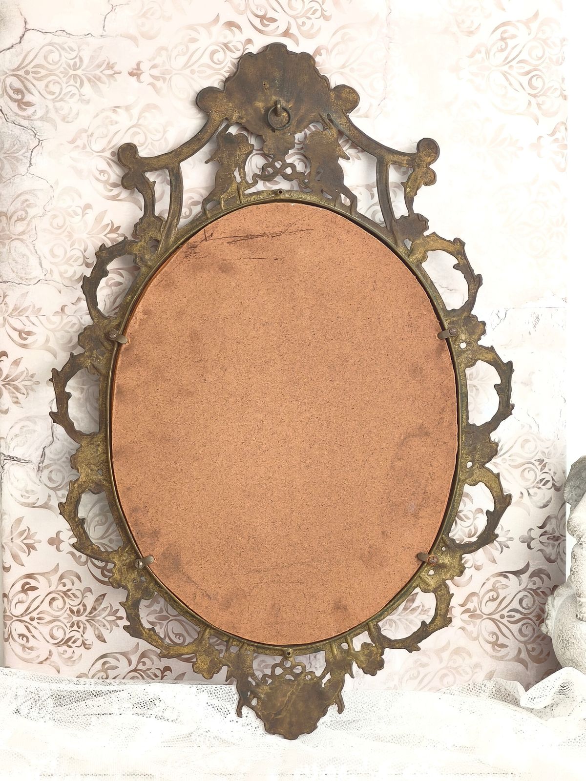 Large Antique Brass Wall Mirror With Cherubs, Oval Ornate Rocaille Design photo buy