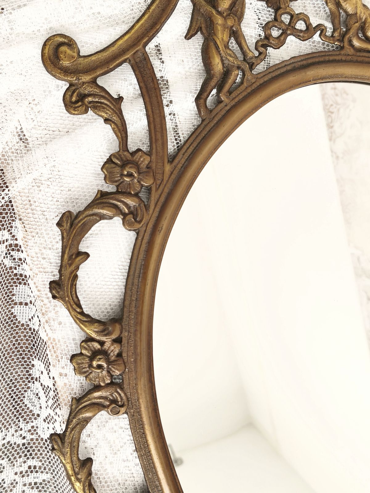 850.0 Large Antique Brass Wall Mirror With Cherubs, Oval Ornate Rocaille Design photo