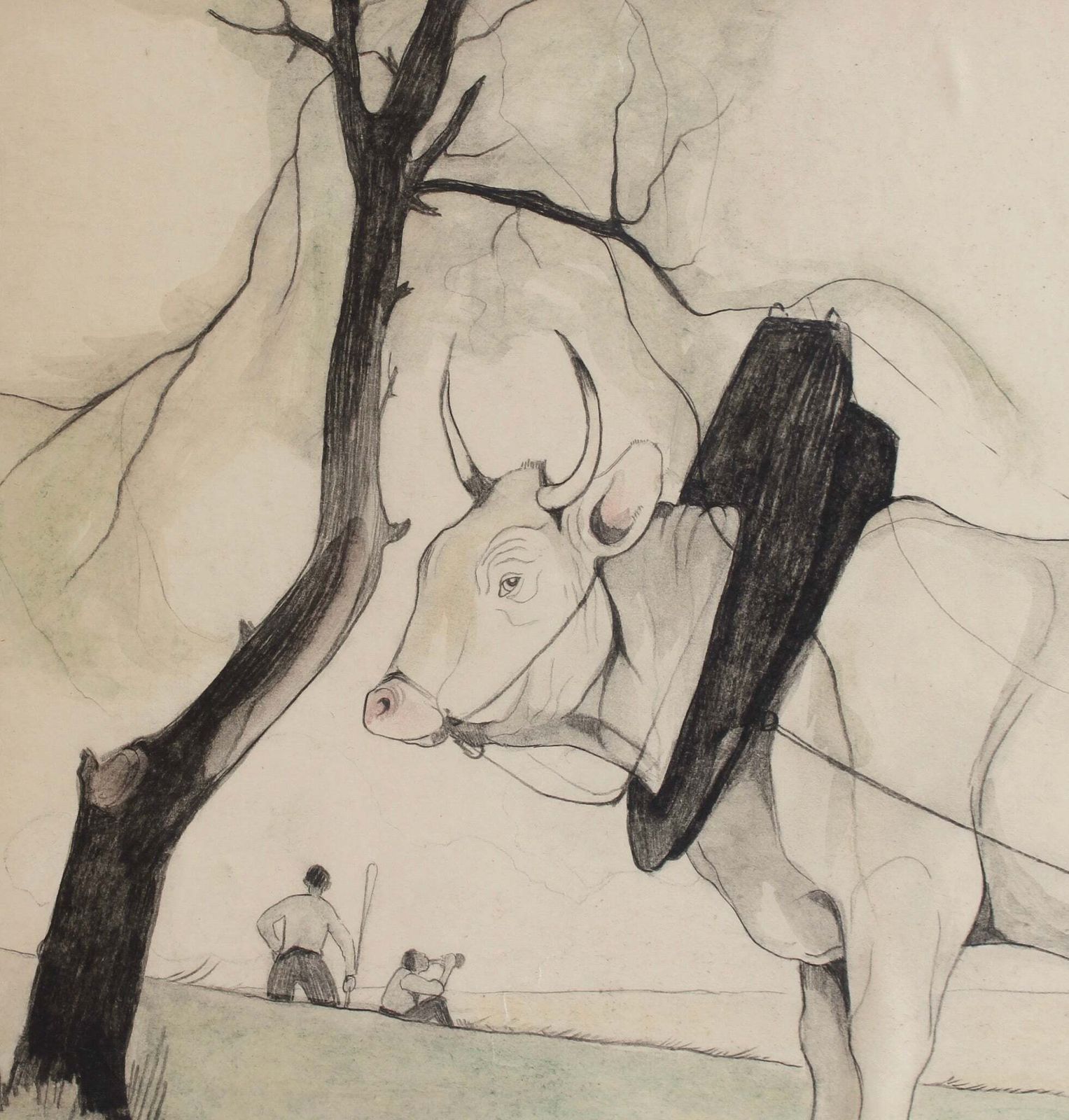 'Idyllic Landscape With Ox And Figures' By Germaine Hageman (Circa 1930s 40s) photo Art