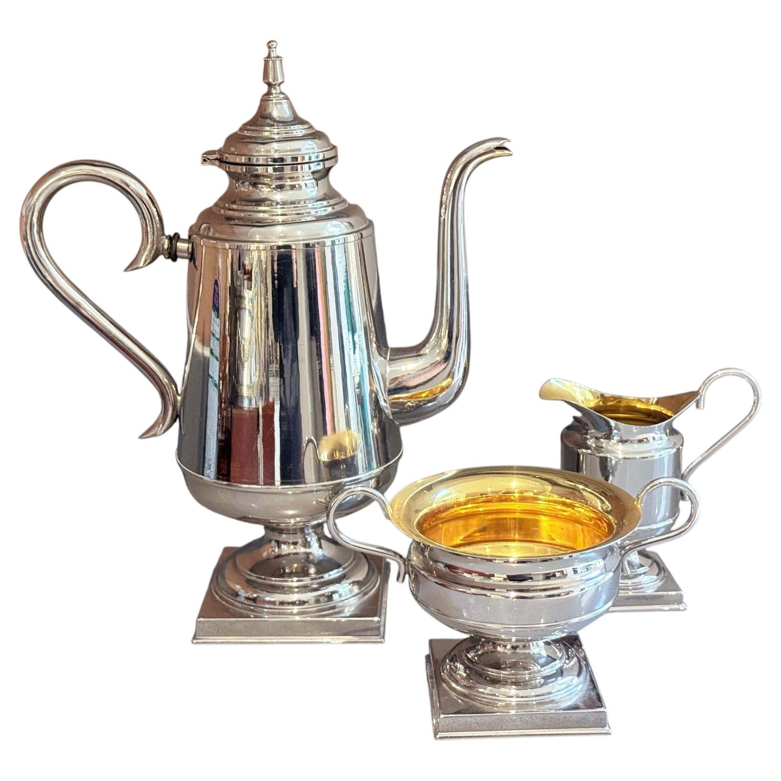 Service à café d'époque anglais en métal argenté, pot, sucrier, 3 pièces