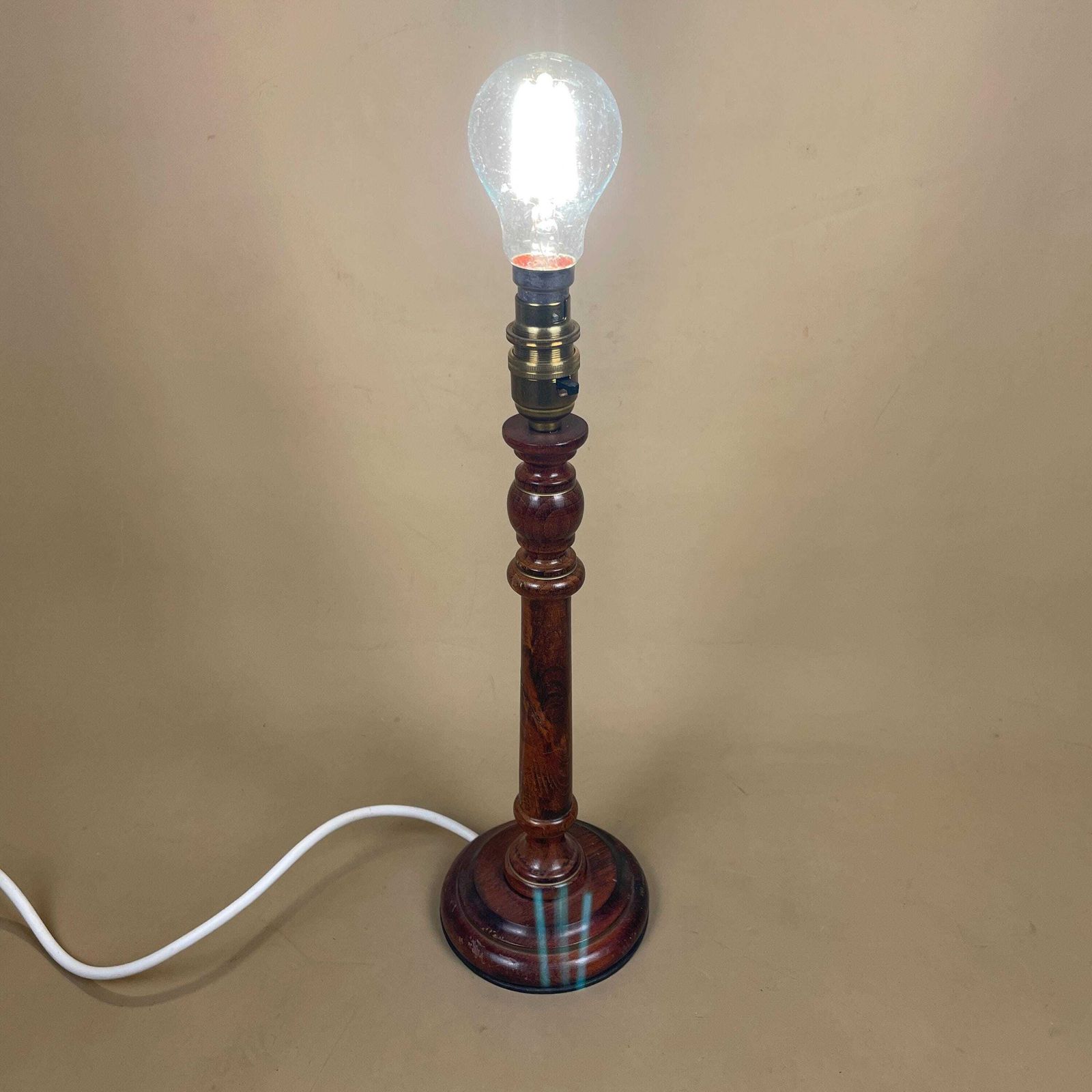 Wood Lamp Wooden Bedside Table Light Antique Brown Elegant Cottage Farmhouse Country Medium Column Round Base Gold Painted Details photo vintage