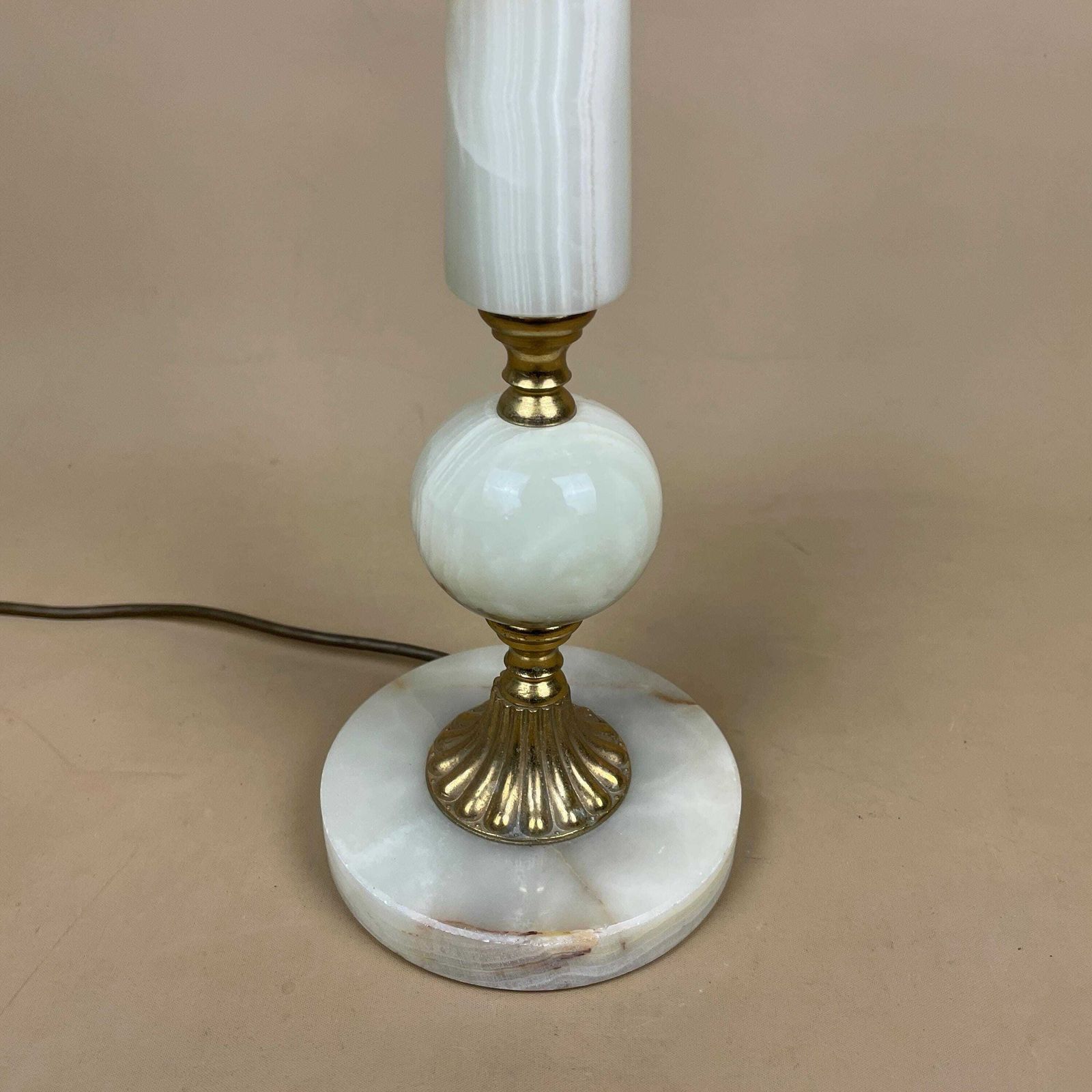 Antique Onyx Marble Lamp Light Brass Gold Metal Green Bedside Side Table Column Marbled Patterned Vintage Pattern Stone Ornate Round Base photo Lighting