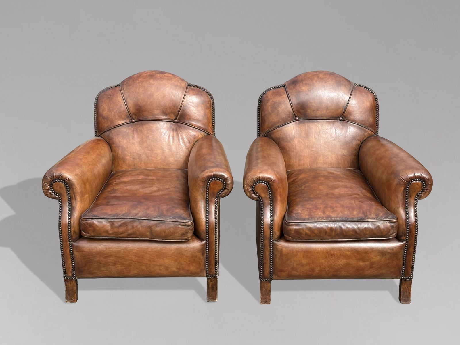 Pair Of Mid 20th Century French Brown Leather Club Armchairs photo for sale