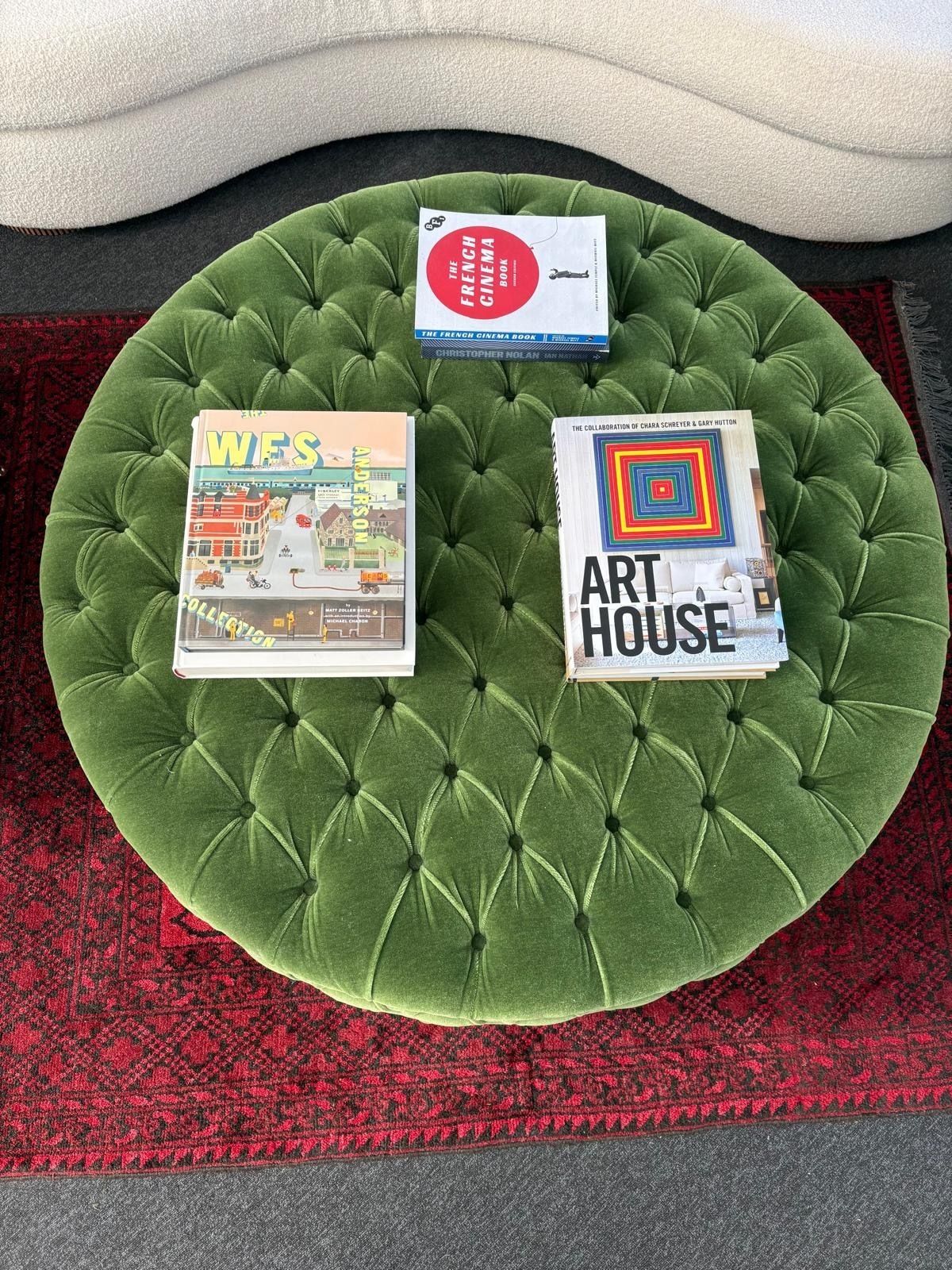 Large Round Green Mohair Velvet Tufted Ottoman photo furniture