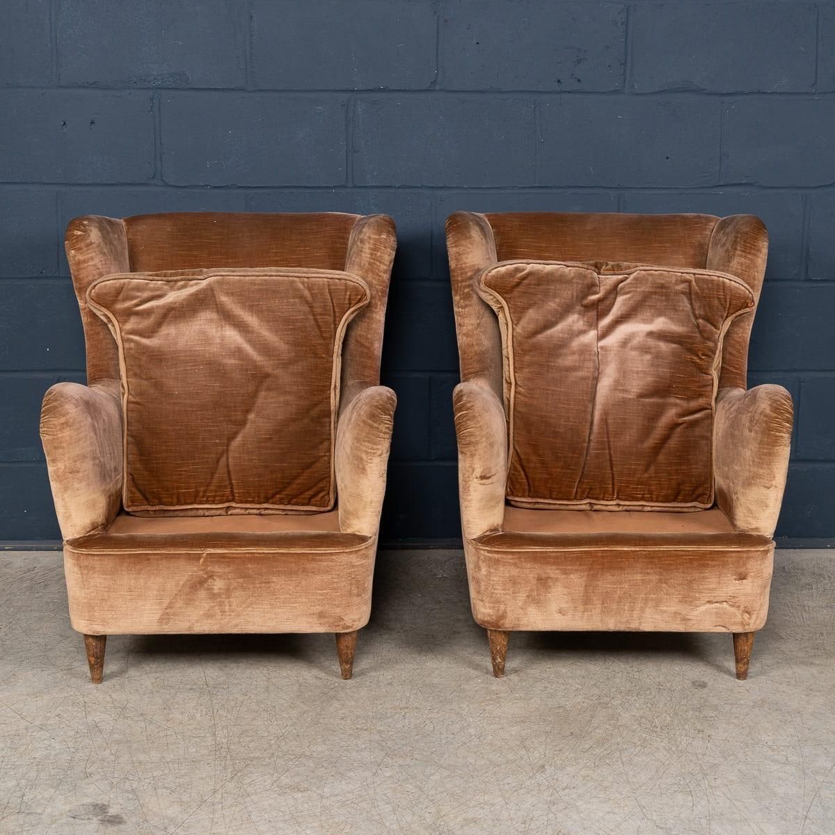Vintage 20th Century Italian Pair Of Velvet Wingback Armchairs C.1960 photo buy