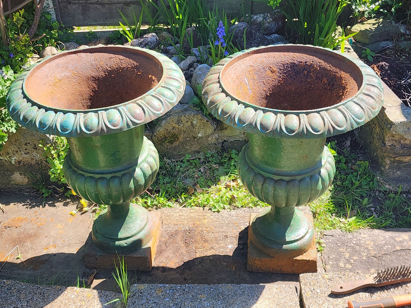 A Pair Of Heavy Antique Cast Iron Garden Urns, Planters photo for sale
