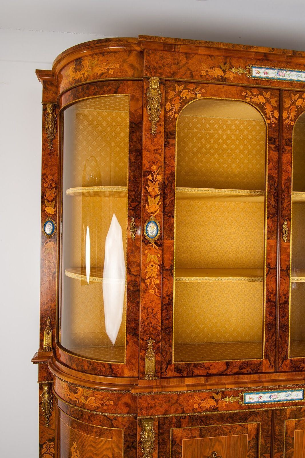 Large Burr Walnut Marquetry Display Cabinet Credenza With Sèvres Porcelain Plaques & Ormolu Mounts, 204cm photo Furniture