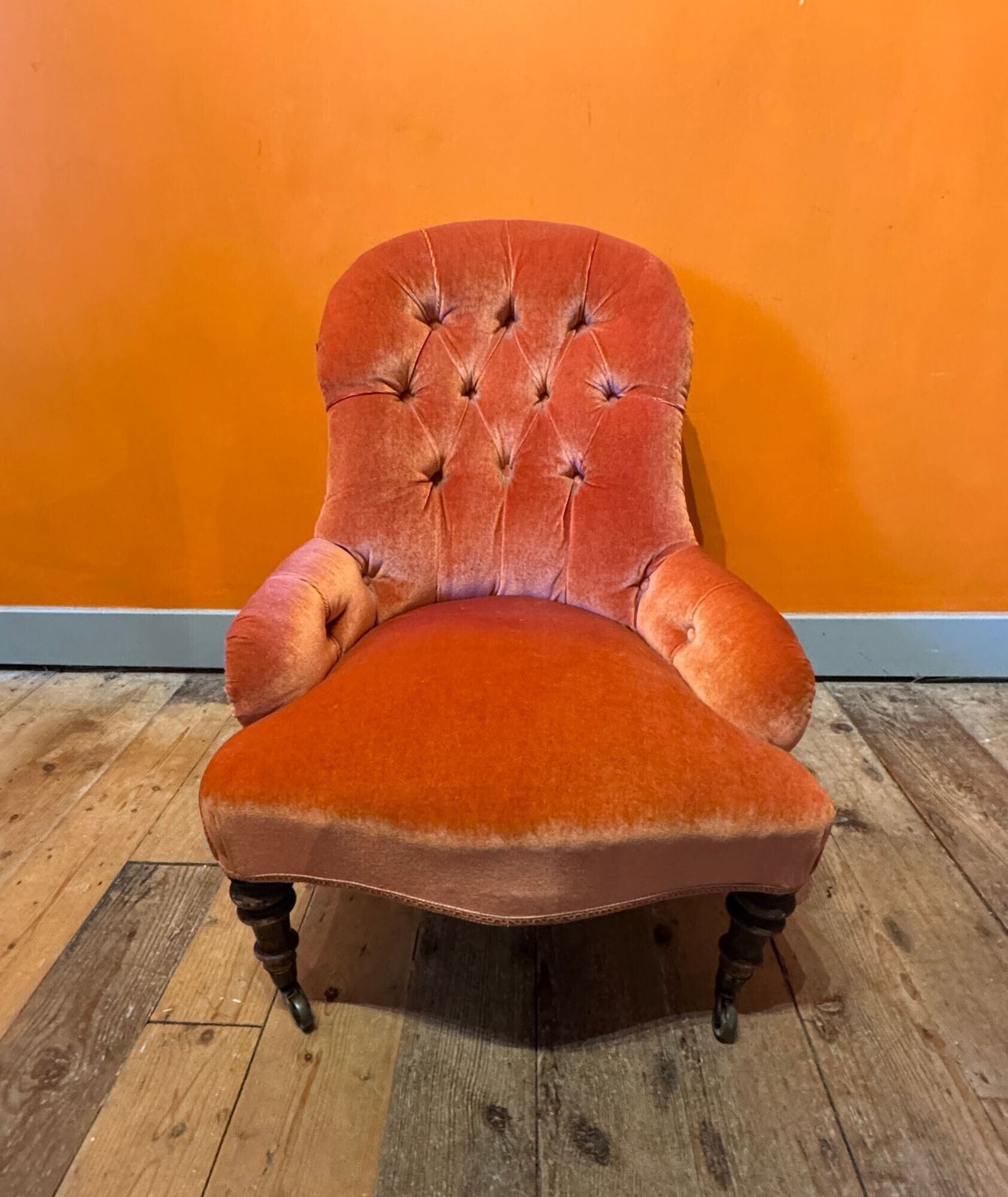Antique Button Back Occasional Chair Upholstered In Orange Velvet photo furniture