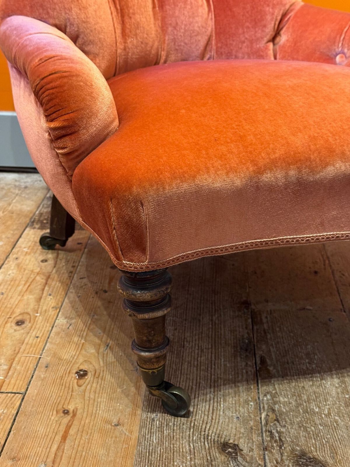 Antique Button Back Occasional Chair Upholstered In Orange Velvet photo Furniture