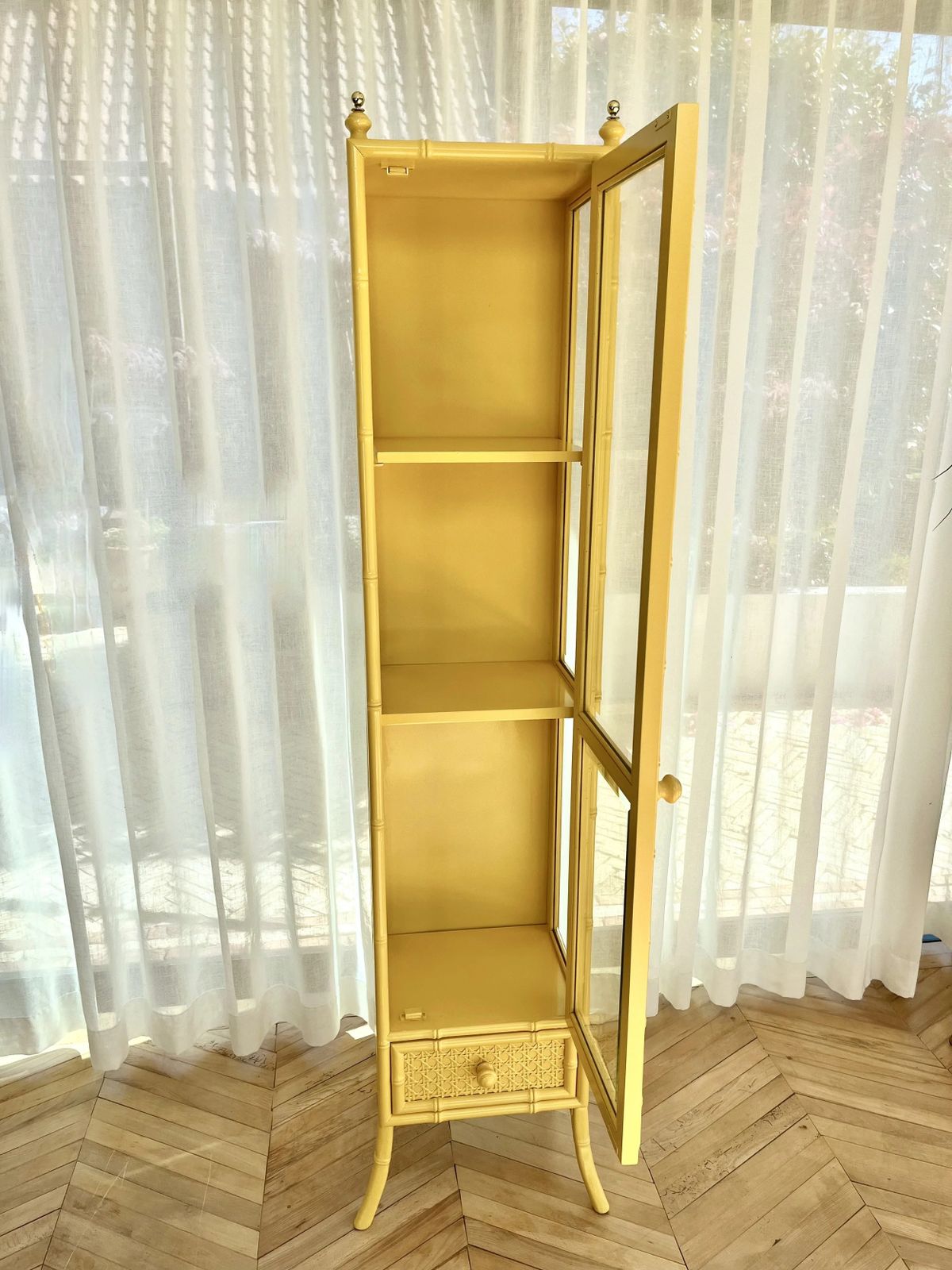 Yellow Lacquered Tall Faux Bamboo Glass Display Cabinet photo vintage