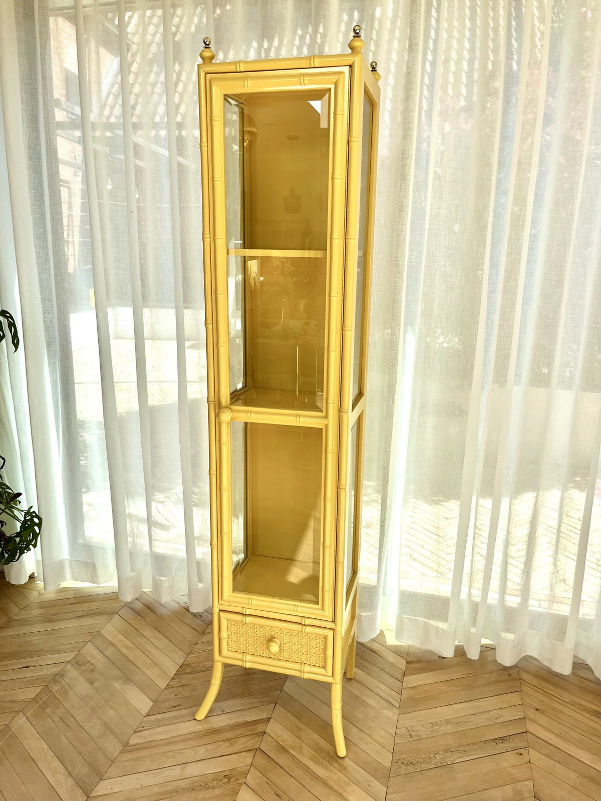 Furniture Yellow Lacquered Tall Faux Bamboo Glass Display Cabinet photo