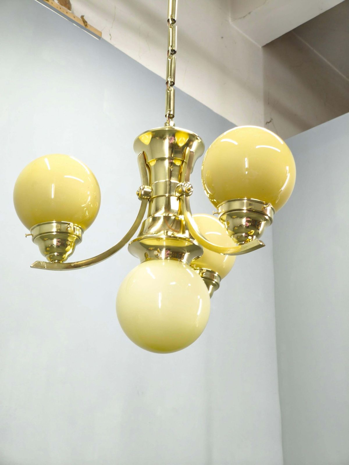 Art Deco Brass And Opaline Glass Chandelier, 1930s photo buy