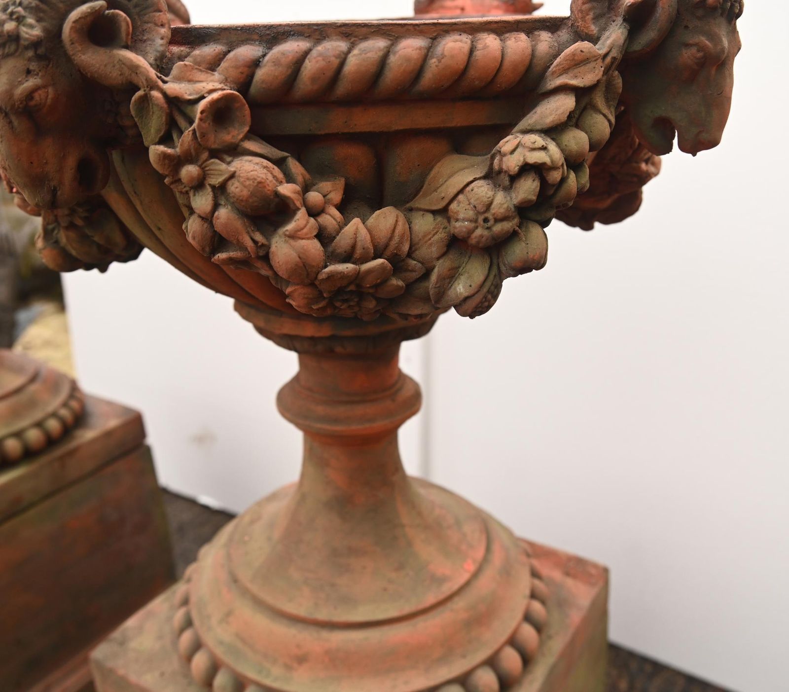 Pair Classical Terracotta Urns English Country Garden Rams Head photo for sale