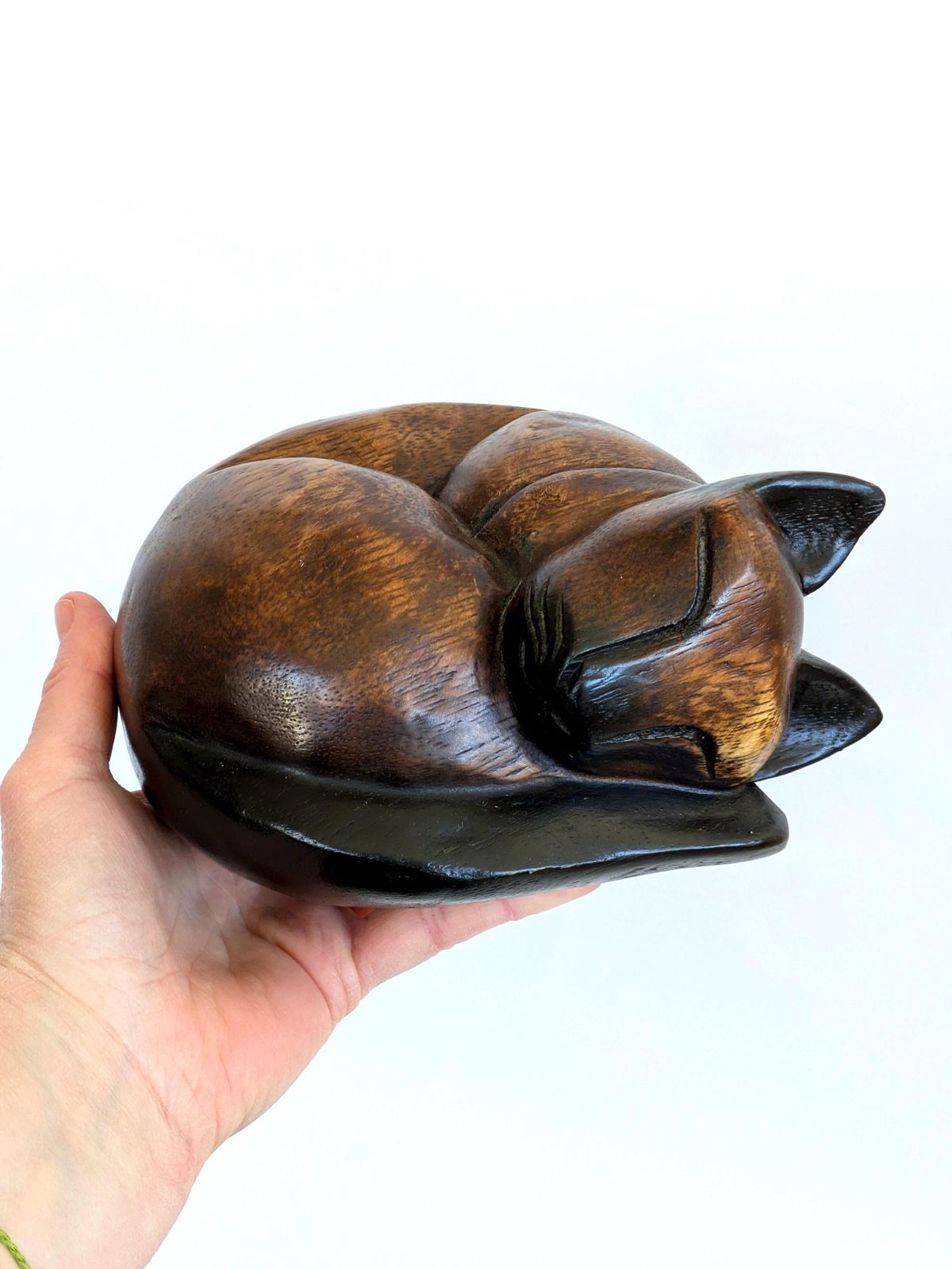 Midcentury Teak Sleeping Siamese Cat Figurine Bookend Paperweight, Scandinavian Wood Decor photo Home Decor