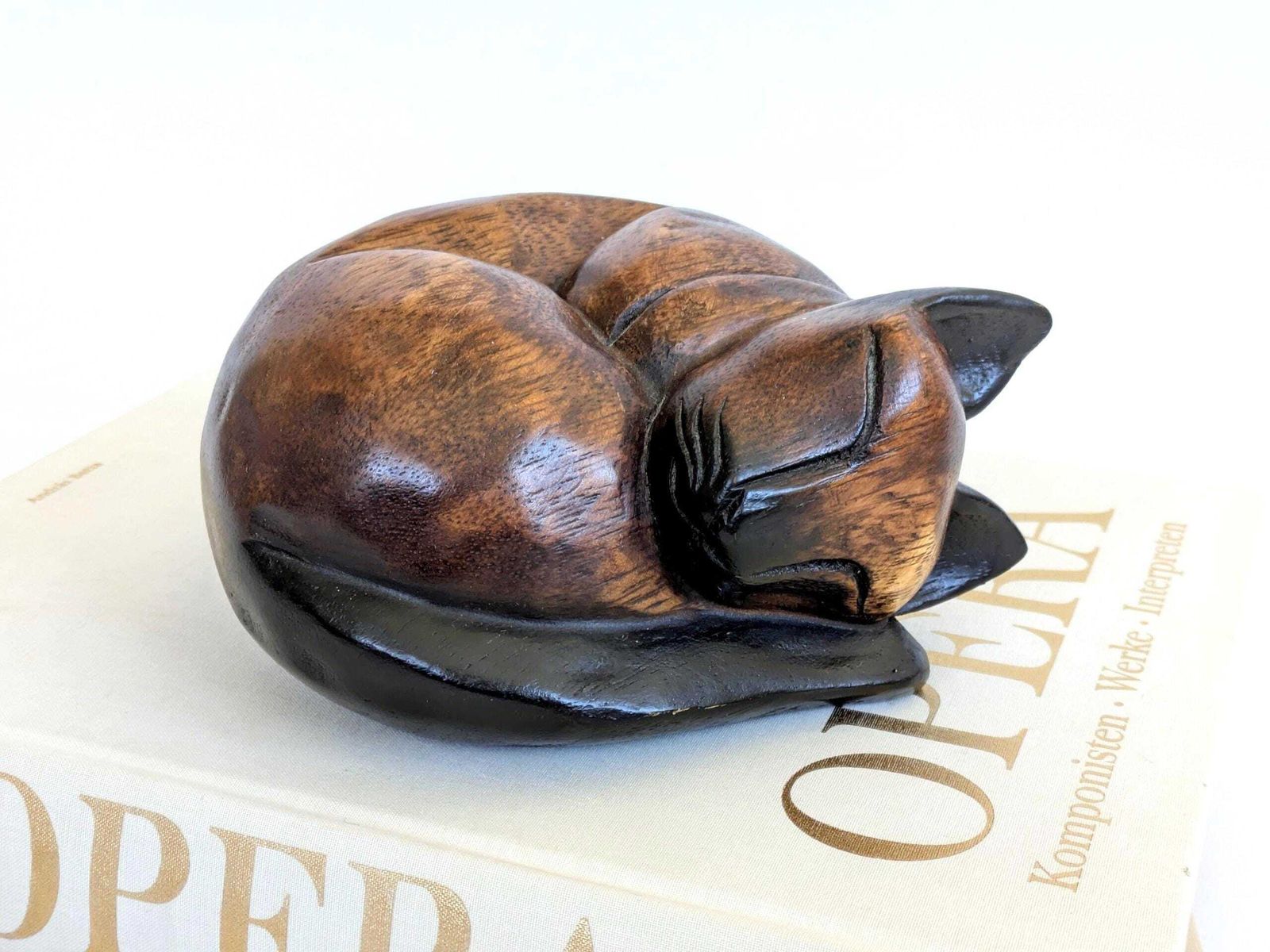 photo for sale Midcentury Teak Sleeping Siamese Cat Figurine Bookend Paperweight, Scandinavian Wood Decor