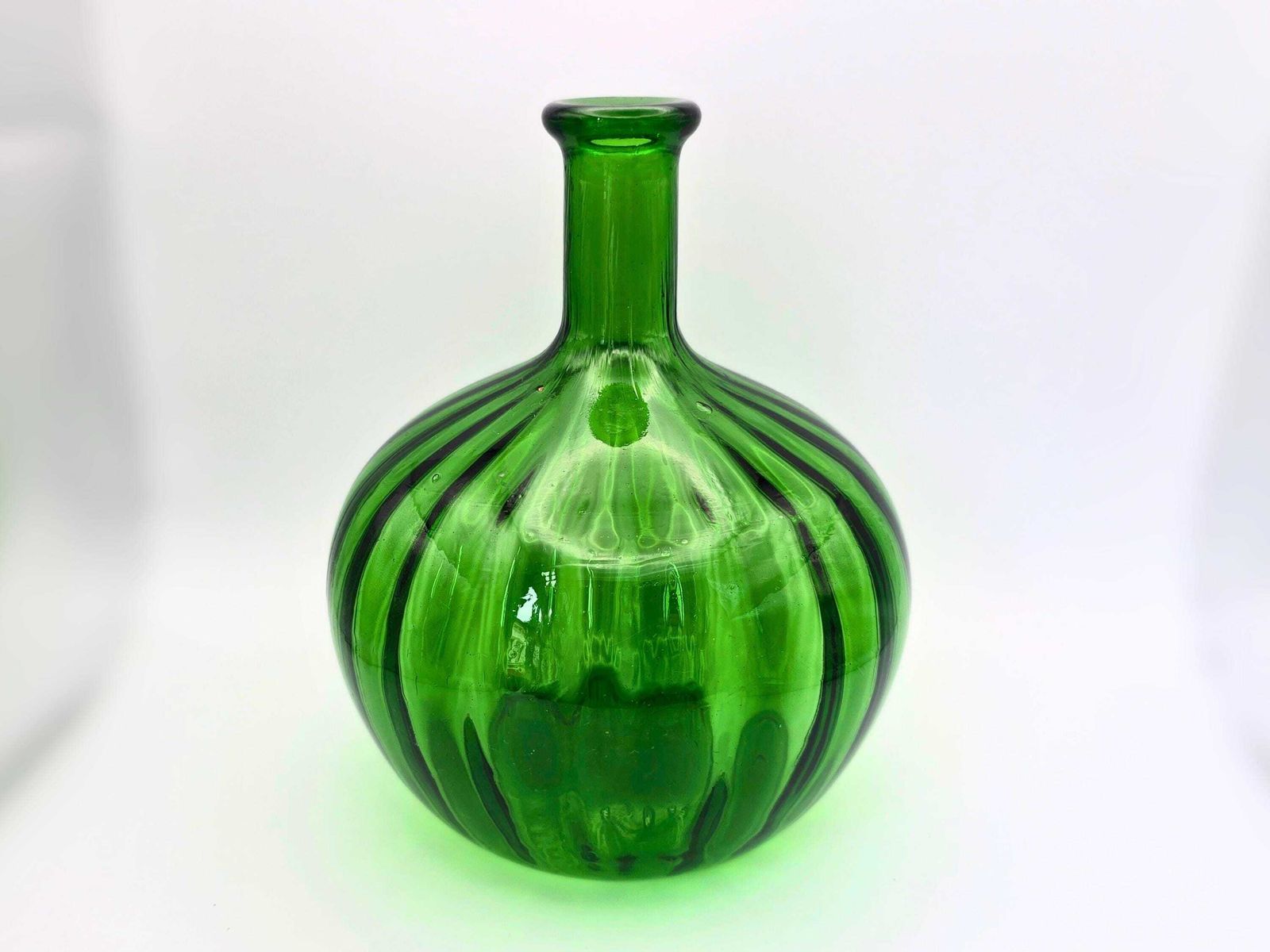 Vintage Green Glass Onion Genie Bottle   Italian Empoli With Vertical Lines photo vinterior