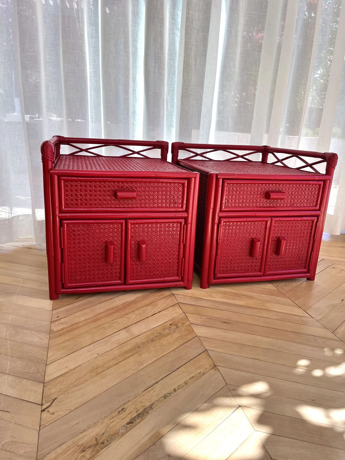 Pair Of Red Lacquered, Bamboo And Cane Bedside Cabinets photo for sale