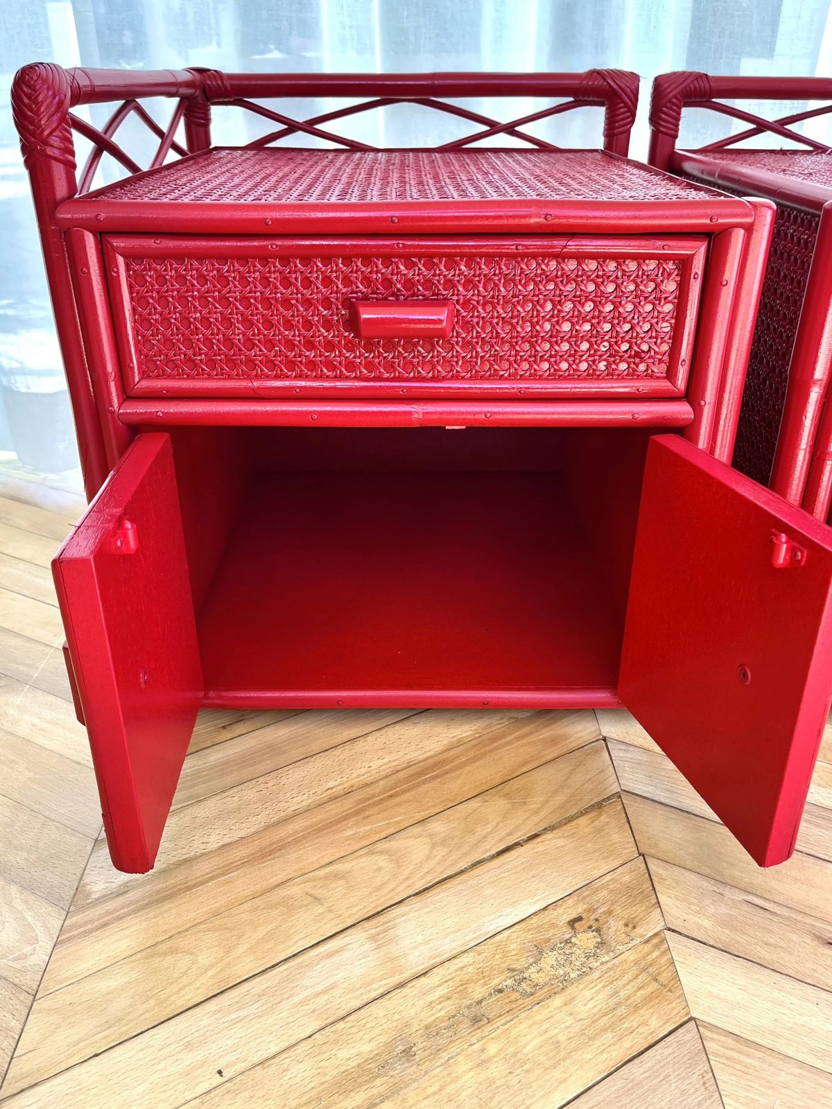 Pair Of Red Lacquered, Bamboo And Cane Bedside Cabinets photo vintage