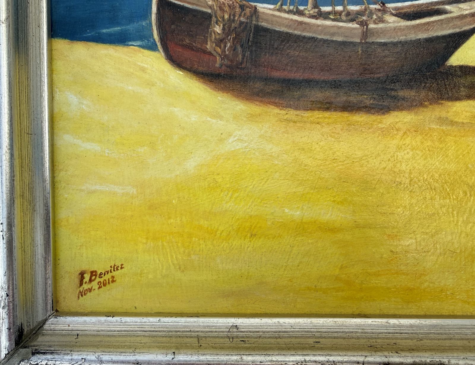 Mediterraan mannelijk naakt bij boot, Sitges School, figuratief kustlandschap, olieverf 2012 photo for sale