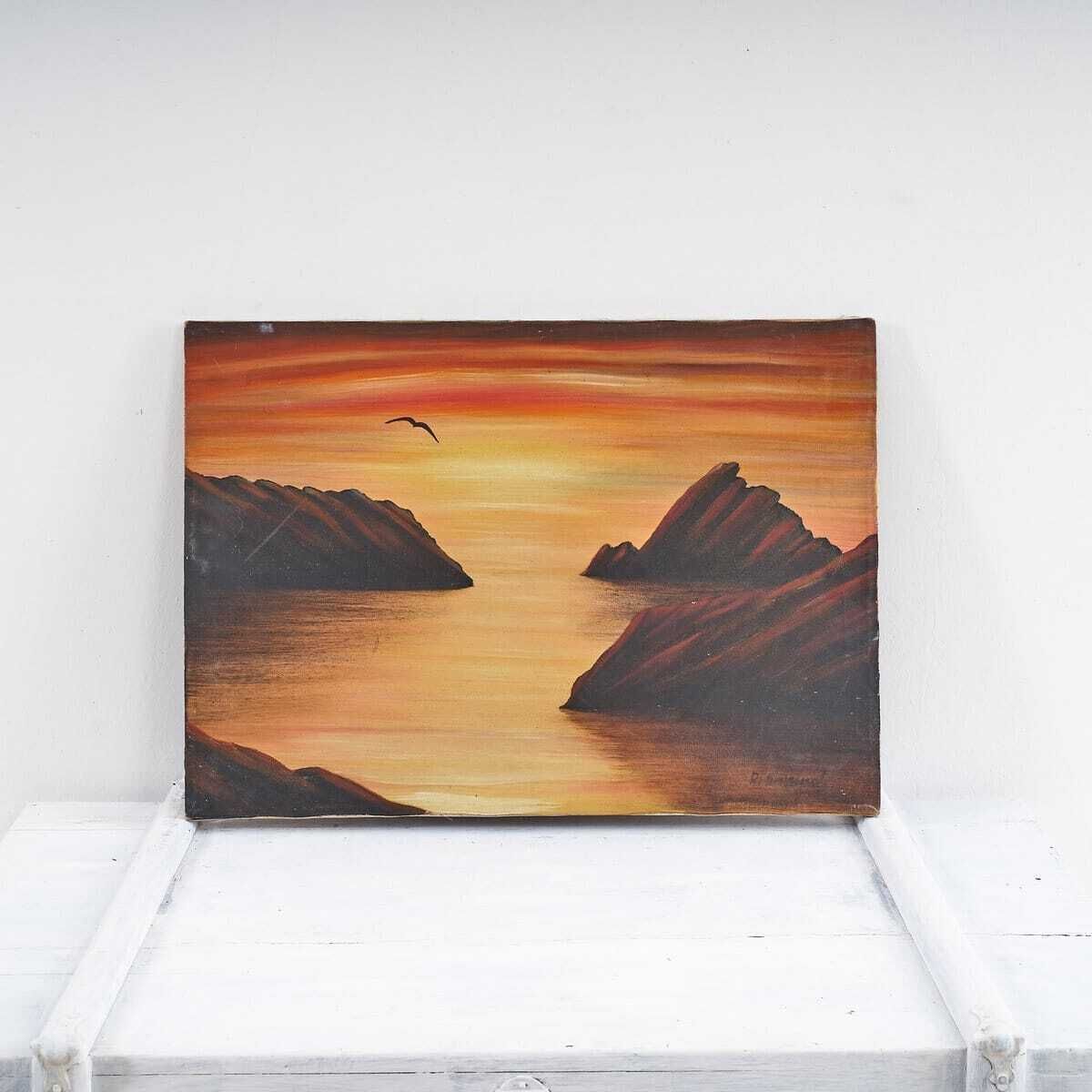 Vintage Oil On Canvas “Desolation”, Sea At Sunset