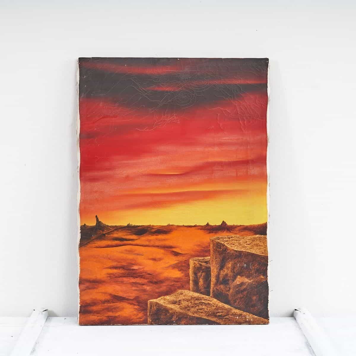 Oil On Canvas Vintage Desert Landscape Breathtaking At Sunset