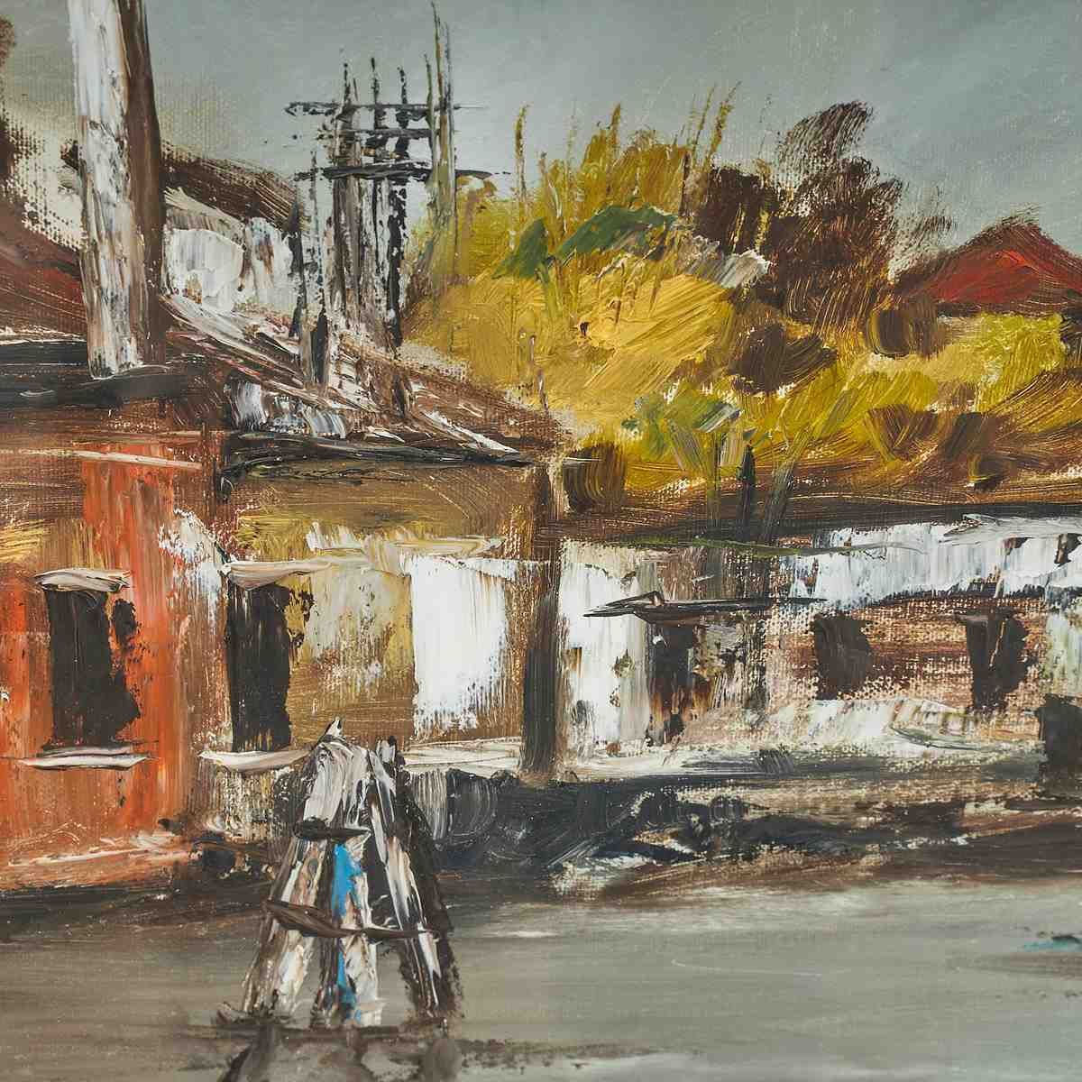 Vintage Oil On Canvas, Lagoon Canal With Houses And Boats photo for sale