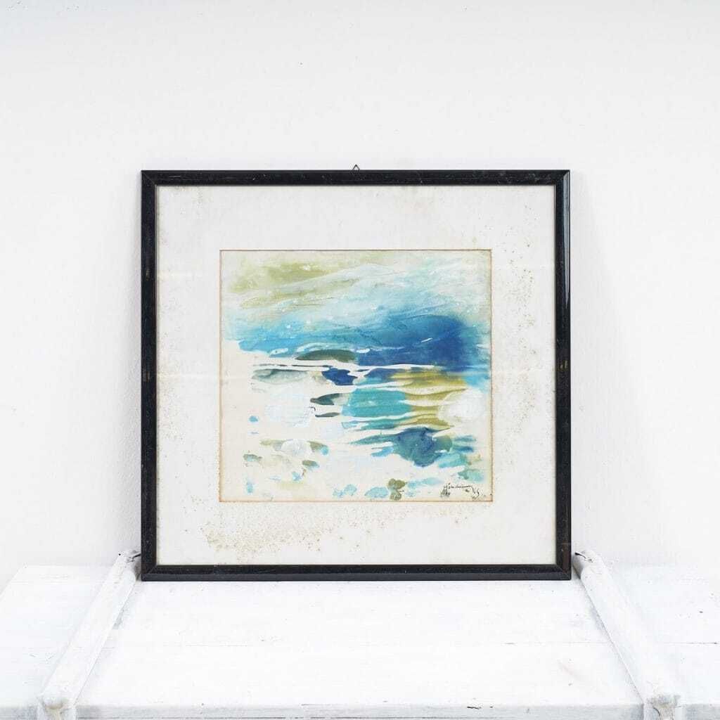 Beautiful Abstract Watercolor Painting, Blue And Green, 1960s