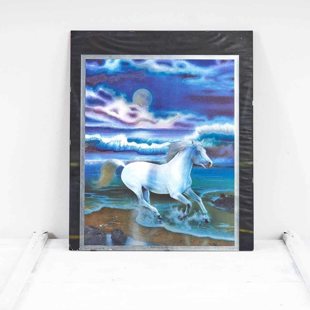 Mixed Media On Paper, Stunning Painting With White Horse, 1980s