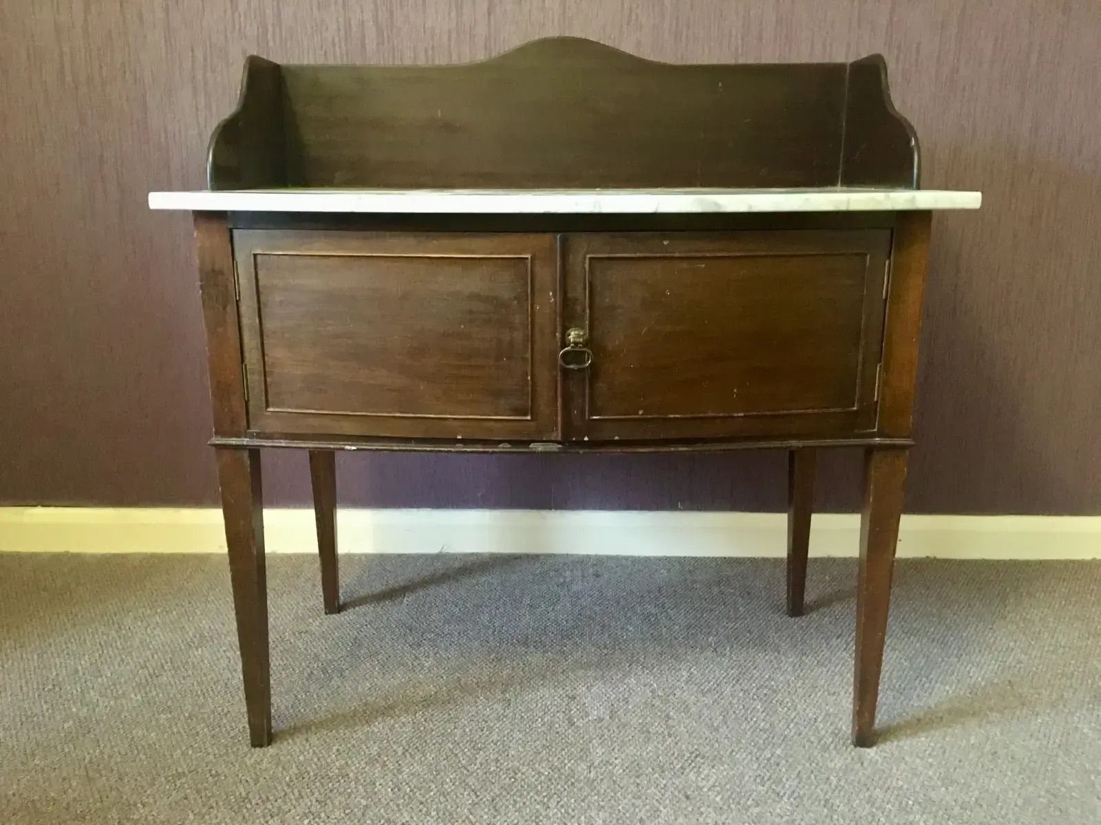 Antique Edwardian Mahogany Vanity/Washstand/Cabinet W Carrara Marble Top