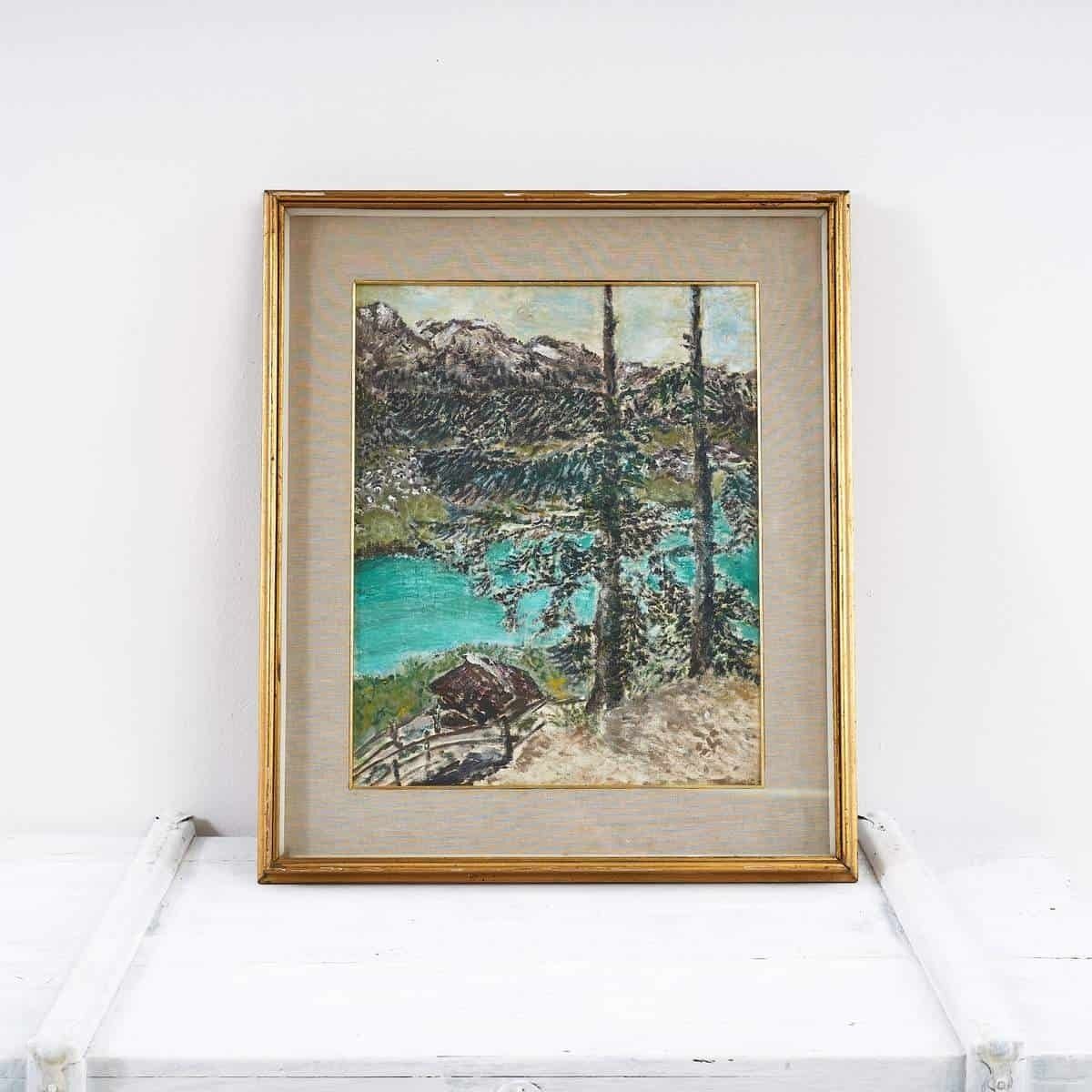 Oil On Panel Watercolor Landscape With Mountains By Sciacovelli Gabriella