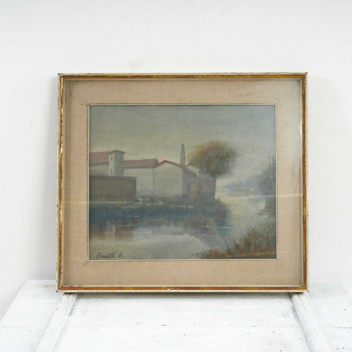 Oil On Canvas Golden Frame Beauty Of A Serene Landscape By A. Bratti