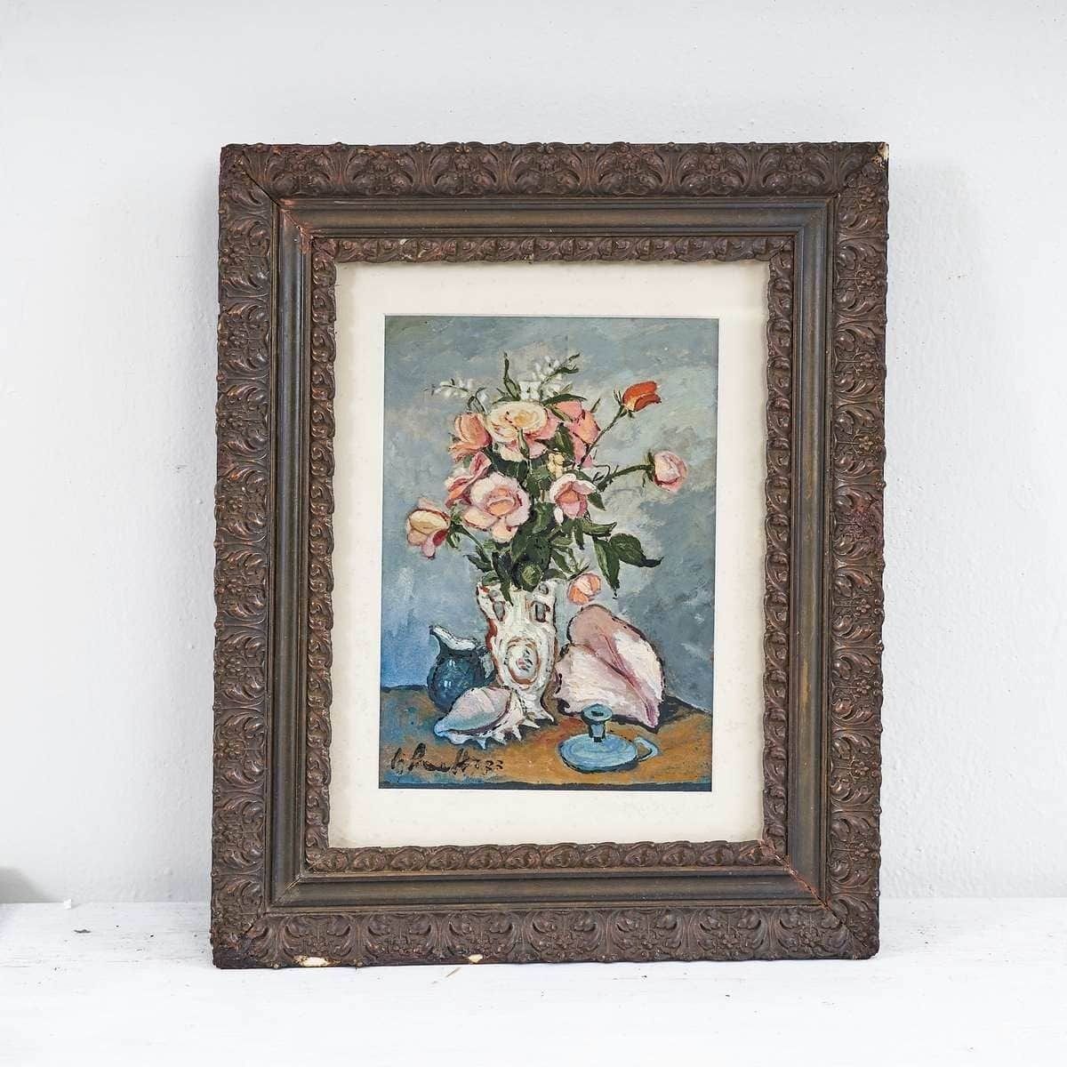 Oil On Panel Elegant Vintage Painting With Flowers By Giovanni Lovetti