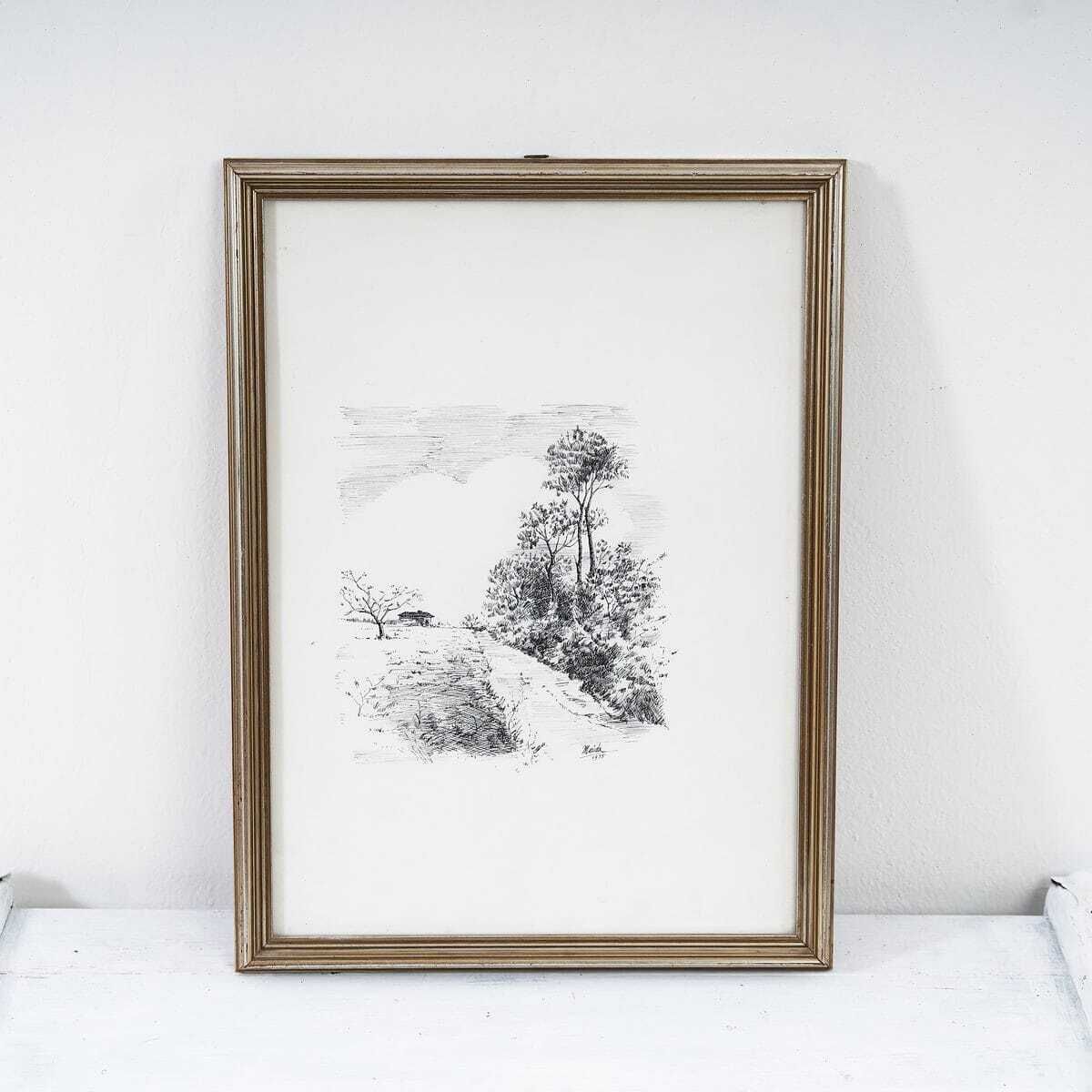Refined Framed Ink Drawing From The 1970s On Paper From 1975