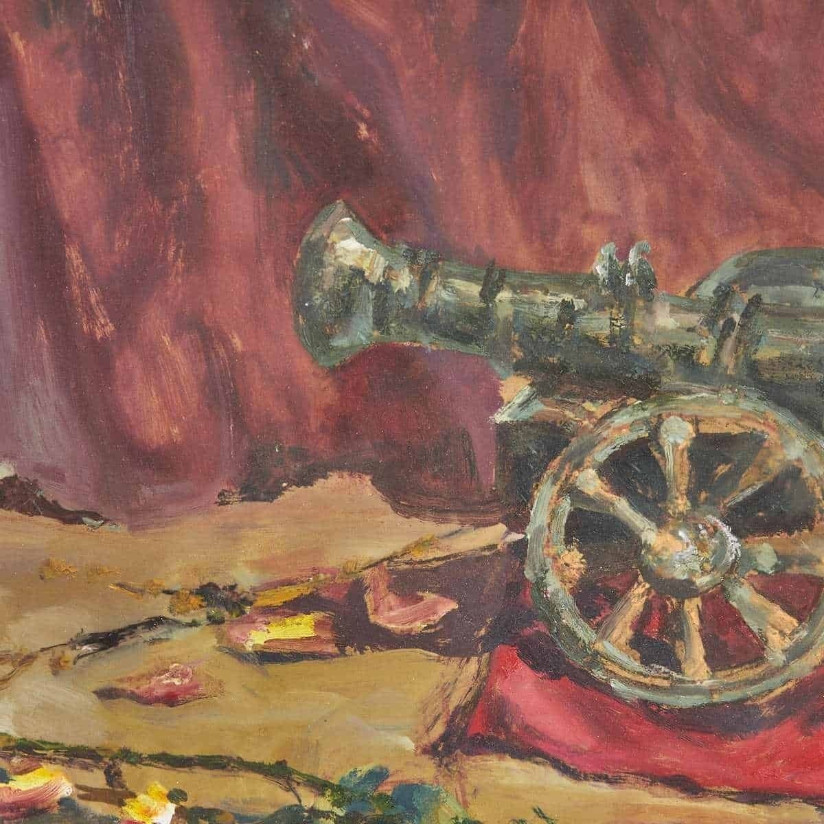 Oil Painting By Puggioli, Fascinating With Antique Cannon, 1950s photo vinterior