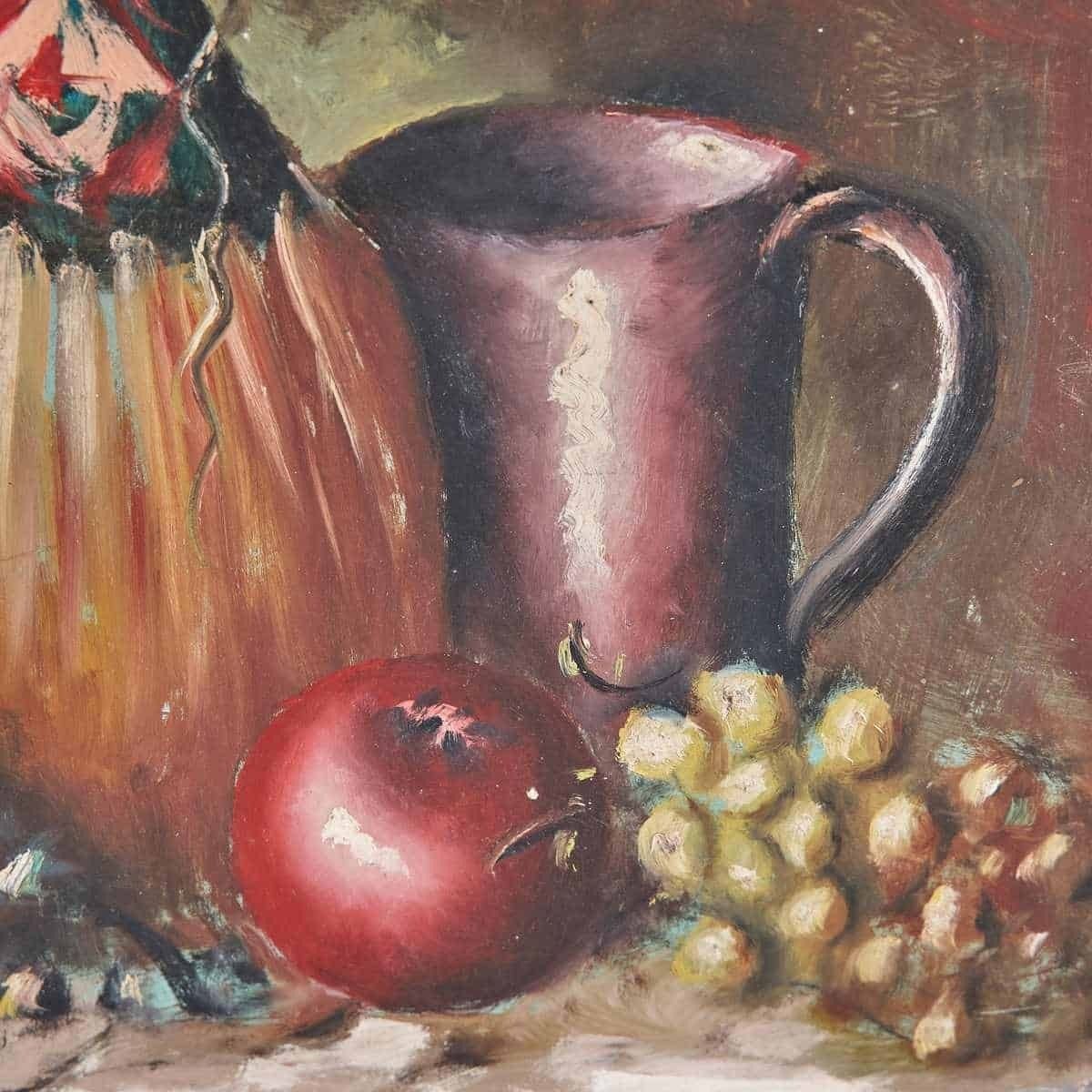 Oil On Panel, Elegant Still Life With Bottle And Fruit, 1950s 1960s photo for sale