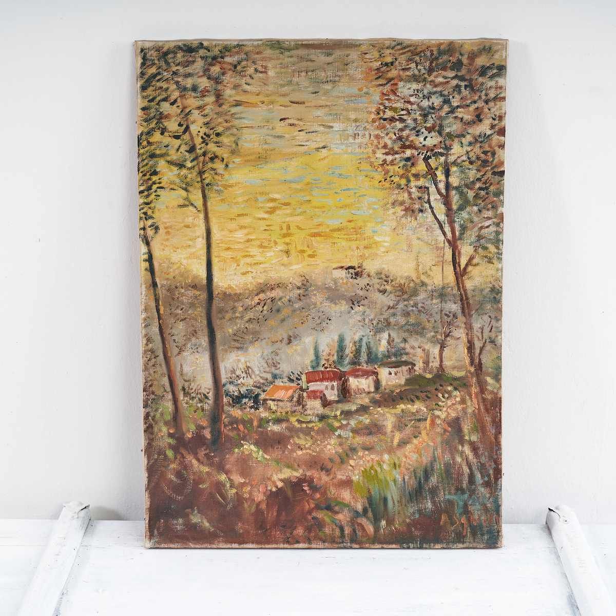 Oil On Canvas Enchanting Landscape With Rural Houses By A. Sgherri, 1970s