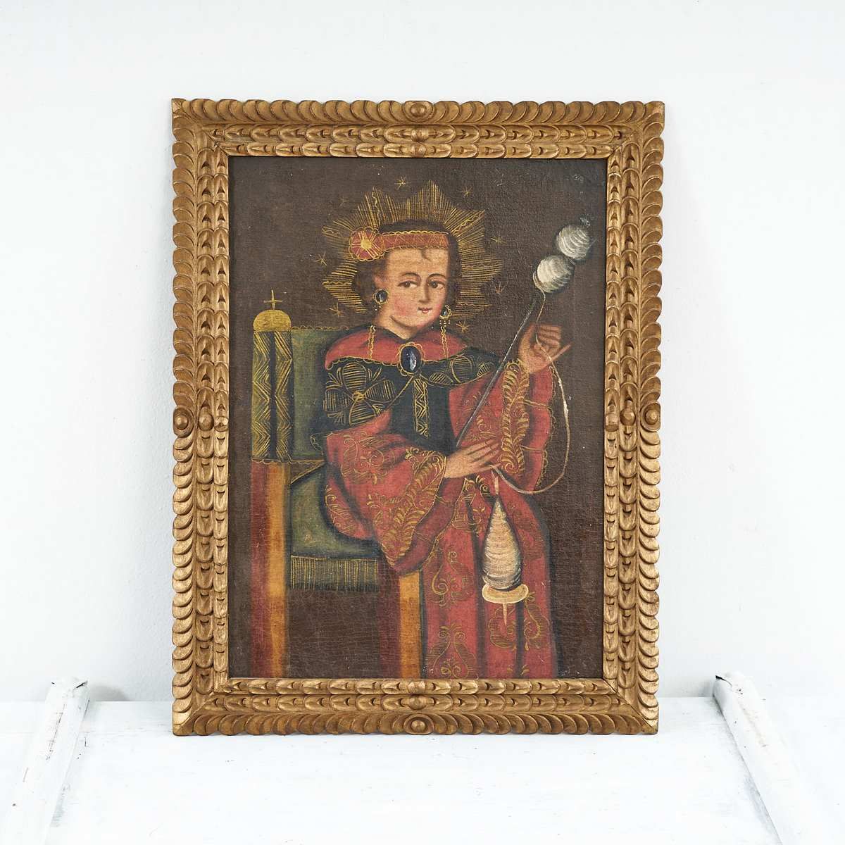 Oil On Antique Canvas “Virgin Girl Spinner”, Cuzco School, Work With Splendid Golden Frame