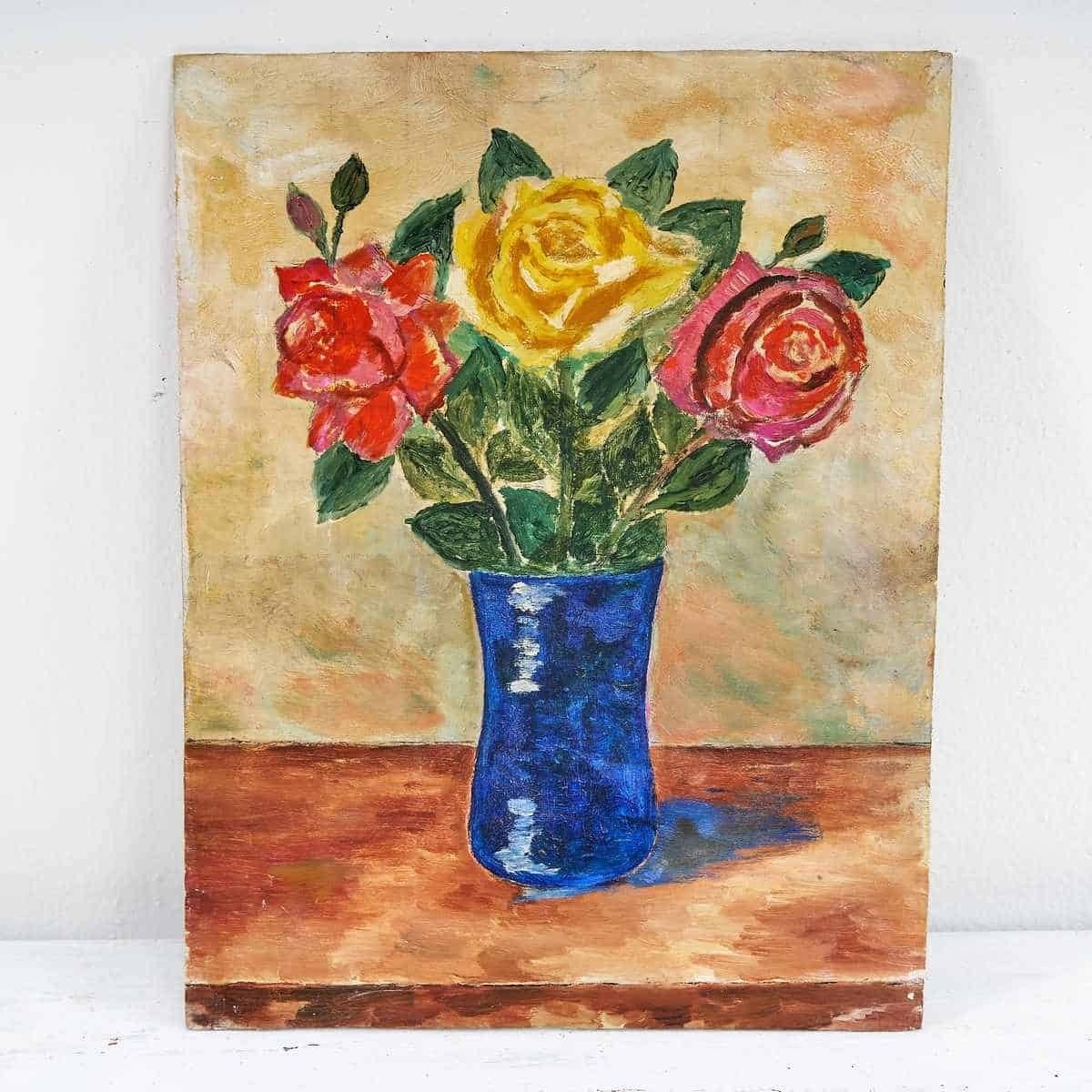 Oil On Fresco Panel Bouquet Of Roses In A Vase, 1960s