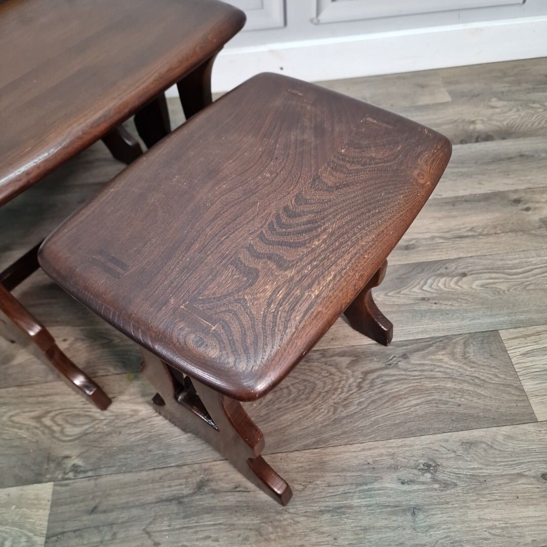 Retro Vintage Ercol Chantry Solid Elm Nest Of Tables In Dark Finish Wooden photo buy
