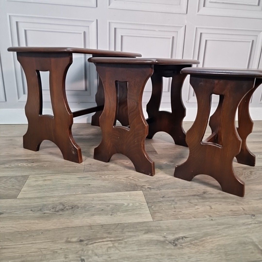 Retro Vintage Ercol Chantry Solid Elm Nest Of Tables In Dark Finish Wooden photo vintage