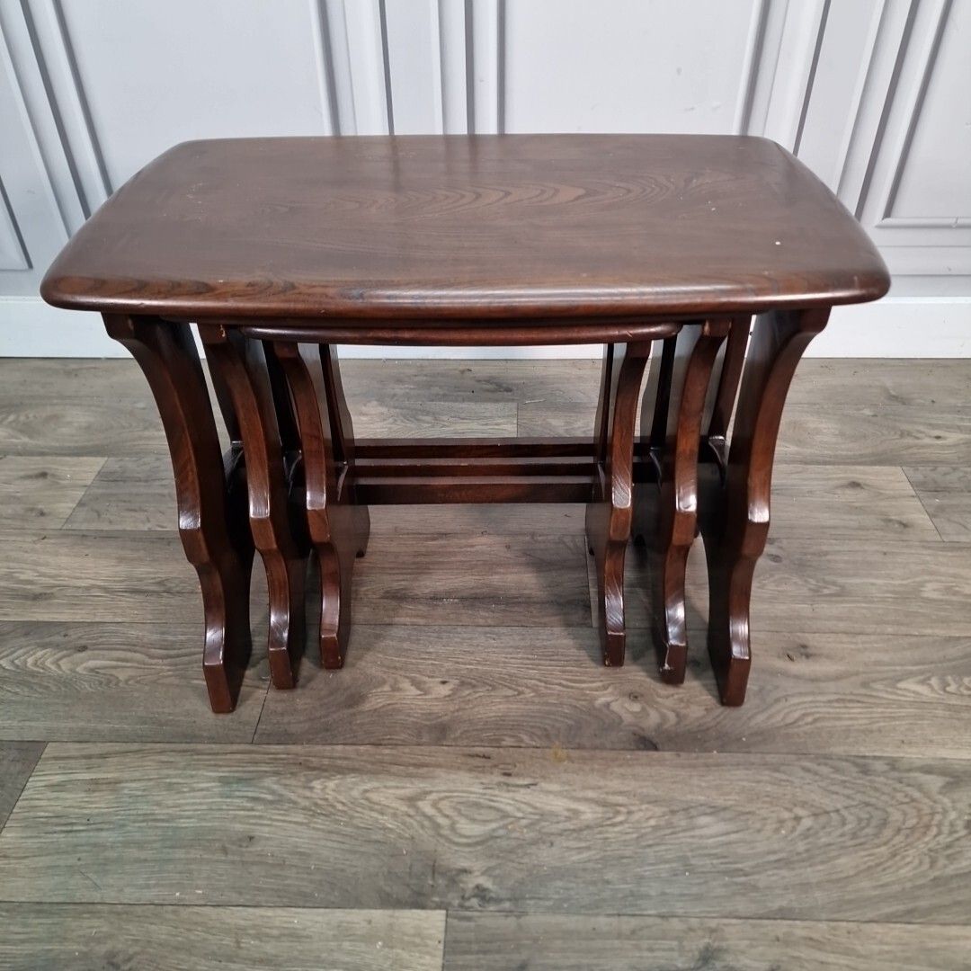 Furniture Retro Vintage Ercol Chantry Solid Elm Nest Of Tables In Dark Finish Wooden photo