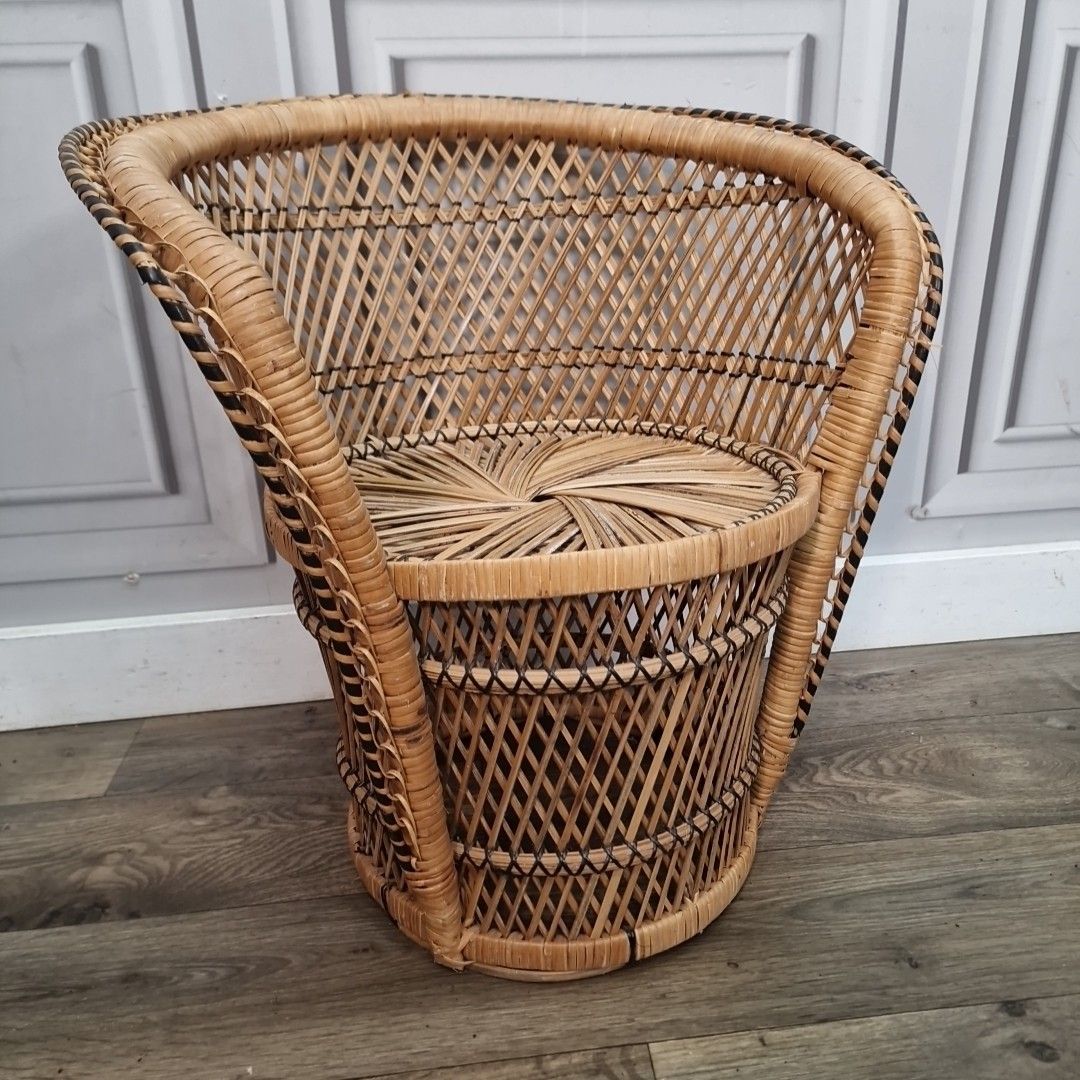 Retro Vintage Childs Small Rattan Bamboo Tub Chair Mid Century Seat Boho Tiki