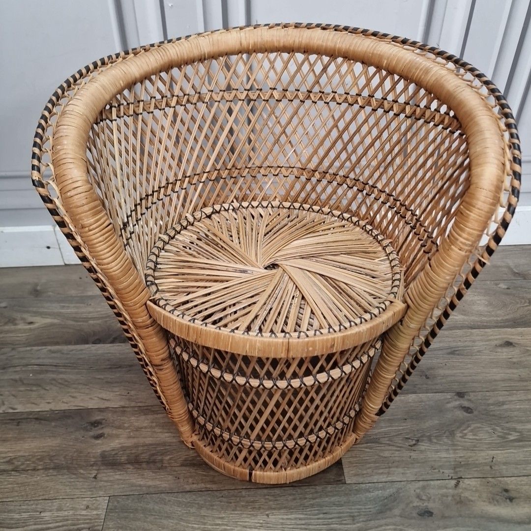 photo furniture Retro Vintage Childs Small Rattan Bamboo Tub Chair Mid Century Seat Boho Tiki