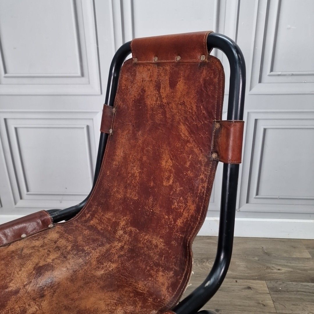 Vintage Metal Leather Chair Les Arcs Saddle Industrial Charlotte Perriand photo vintage