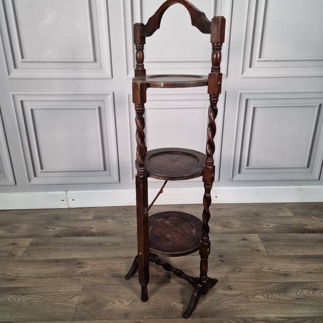 Antique Barley Twist 3 Tiered Fixed Muffineer Cake Plant Stand Wooden Solid Oak photo Home Decor