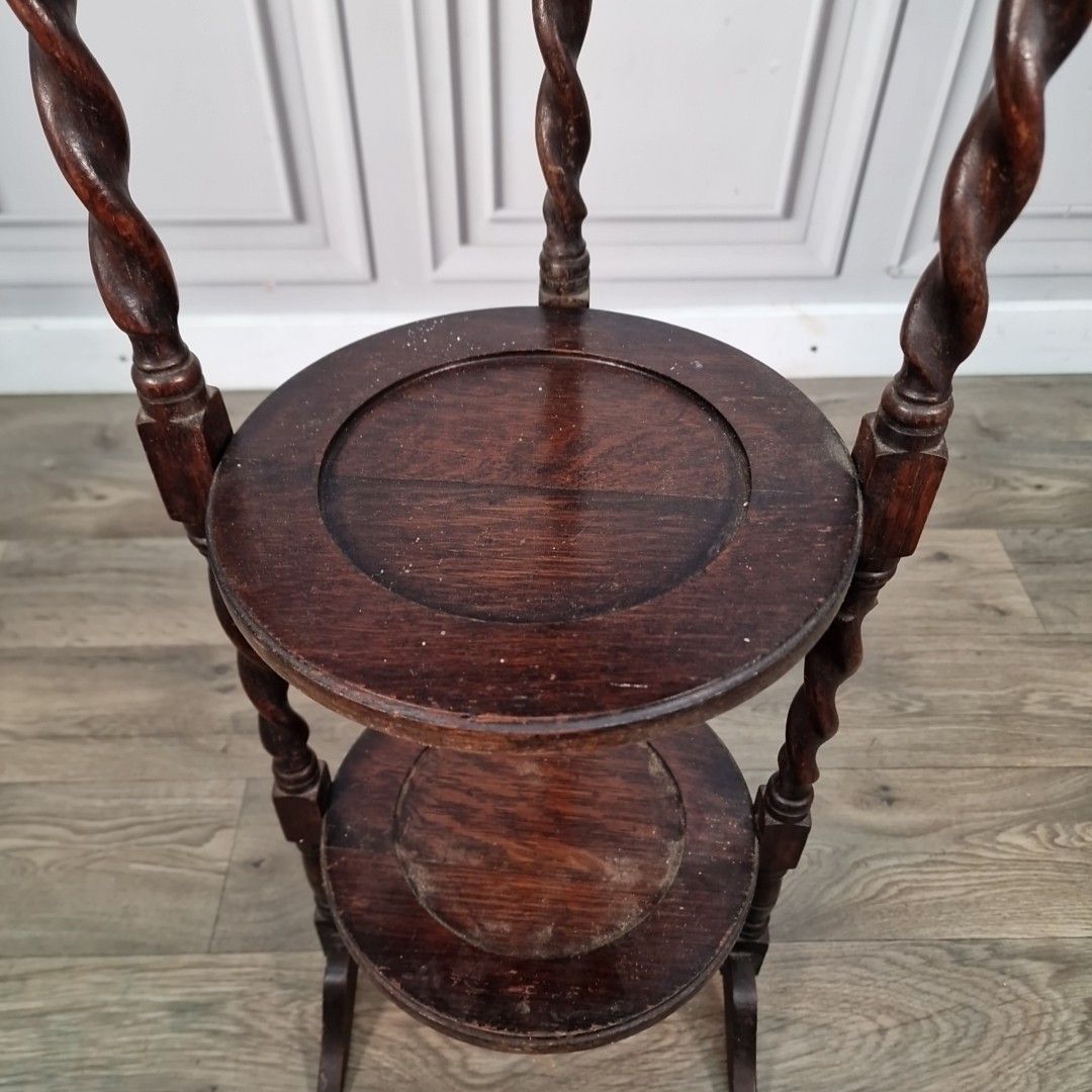 photo furniture Antique Barley Twist 3 Tiered Fixed Muffineer Cake Plant Stand Wooden Solid Oak