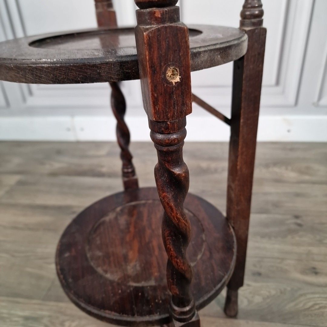 photo vintage Antique Barley Twist 3 Tiered Fixed Muffineer Cake Plant Stand Wooden Solid Oak